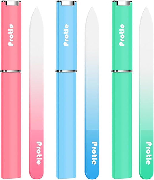 Nail File Glass for Natural Nails，3Pack Double Sided Crystal Nail Filer with Case,Professional Czech Glass Fil Etched Gentle Nail Care Stocking Stuffers for Women or Adults, Unique Gifts(Light Color)