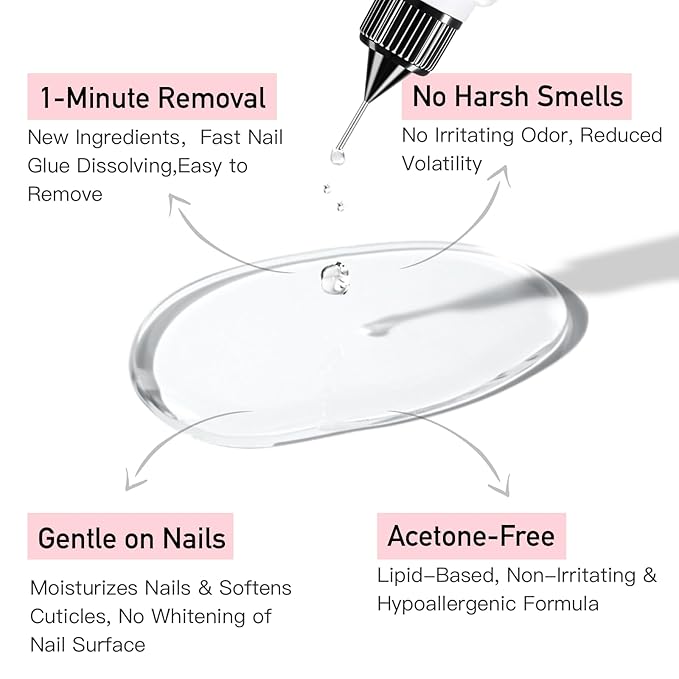 Curvlife Pinpoint Nail Glue Remover for Press on, 60ml Nail Remover for Nails Tips, Gentle Glue Remover for Gel x Nails, Non-Acetone Nail Polish Remover