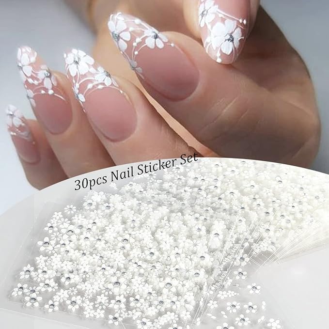 30Sheets Floral Nail Art Stickers Decals 3D Self Adhesive White Flower Designs Nails Supplies White Flower Stickers with Rhinestones Nail Decorations for Women Manicure Transfer Tool Nails Wraps