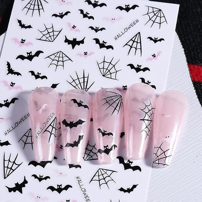 6 Sheet Halloween Nail Stickers 3D Self-Adhesive Nail Art Stickers Decals with Bat Spider Web Design Nail Stickers for Nail Art Flower Ghost Manicure Decoration for Women Nails Supplies