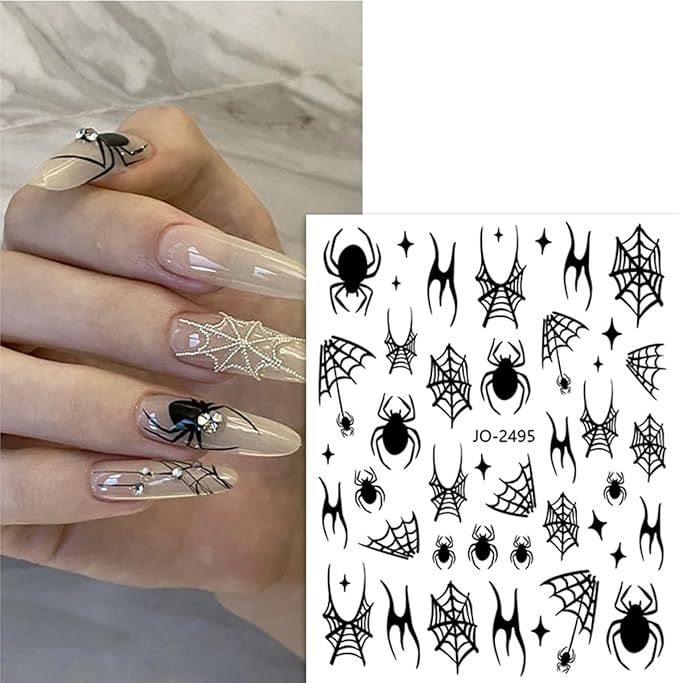 6 Sheet Halloween Nail Stickers Spider Web Spiders Nail Decals 3D Self-Adhesive Design Spooky Bat Snake Skull Nail Art Stickers Silver Black Scary Ghost Nail Art Supplies for Halloween Nail Decoration
