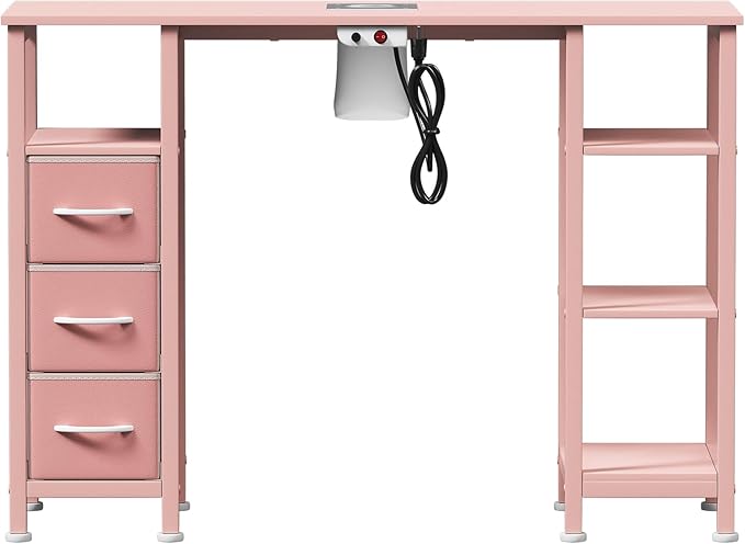Nail Desk for Nail Tech w/Electric Dust Collector, Manicure Table w/3 Storage Drawers & 3 Open Shelves for Beauty Salon Tech Station