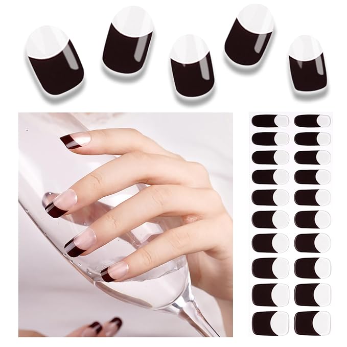 Semi Cured Gel Nail Strips, 20pcs Real Nail Polish Art Stickers, Red Black Gel Nail Stickers - Work with Any UV Lamp, Long Lasting Full Wraps with Nails File and Stick