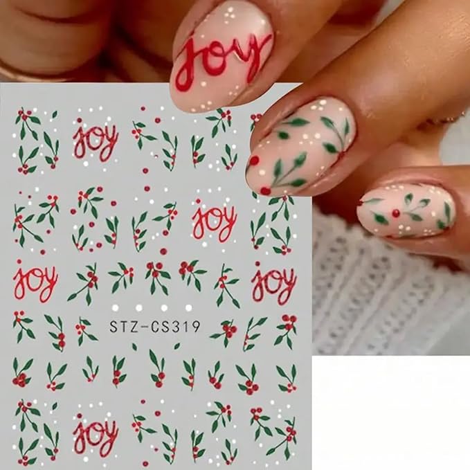 Christmas Nail Art Stickers Decals Red Green Holly Leaf Winter Nail Decals 6PCS Holly Leaves Joy Design 3D Self-Adhesive Xmas Nail Decals Nail Art Supplies for Holiday New Year Manicure Decorations