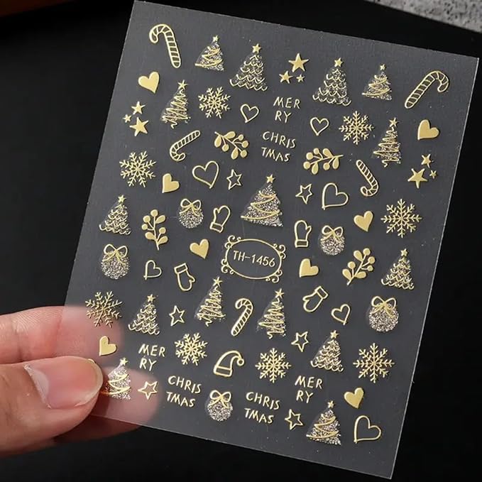Christmas Nail Art Stickers Decals 3D Self-Adhesive Gold Christmas Nail Decals 6PCS Crystal Ball Snowflake Tree Candy Elk Xmas Nails Design Manicure Sliders for Women Holiday DIY Nail Decorations
