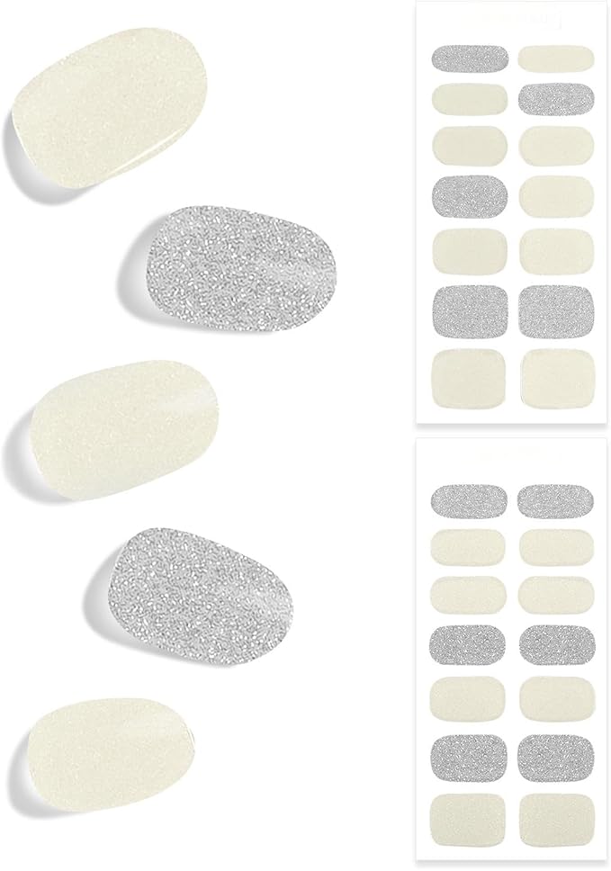 Semi Cured Gel Nail Strips, 28 pcs UV Gel Nail Stickers Full Nails Wraps for Women Home DIY Nails Art, UV Light Required(Creamy White Glitter)