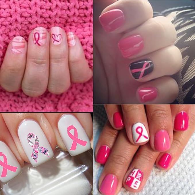 6 Sheets Breast Cancer Nail Art Stickers 3D Self-Adhesive Heart Letter Nail Stickers Pink Ribbon Nail Decals Breast Cancer Awareness Nail Design Supplies for Women Acrylic DIY Manicure Salon