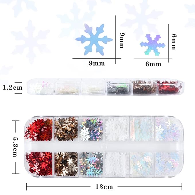 12 Grids 3D Laser Snowflake Nail Decals - Holographic Sequins, White Snow Glitter Shapes - Christmas & Winter Nail Art Stickers