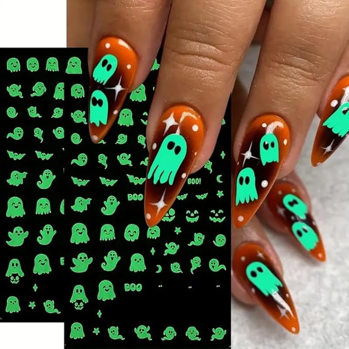 Halloween Nail Art Stickers Decals 3D Cute Luminous Ghost Nail Stickers 6PCS Glow in The Dark Bat Boo Ghost Design Halloween Nails Adhesive Sticker Manicure Nail Art Supplies for Nail Decorations