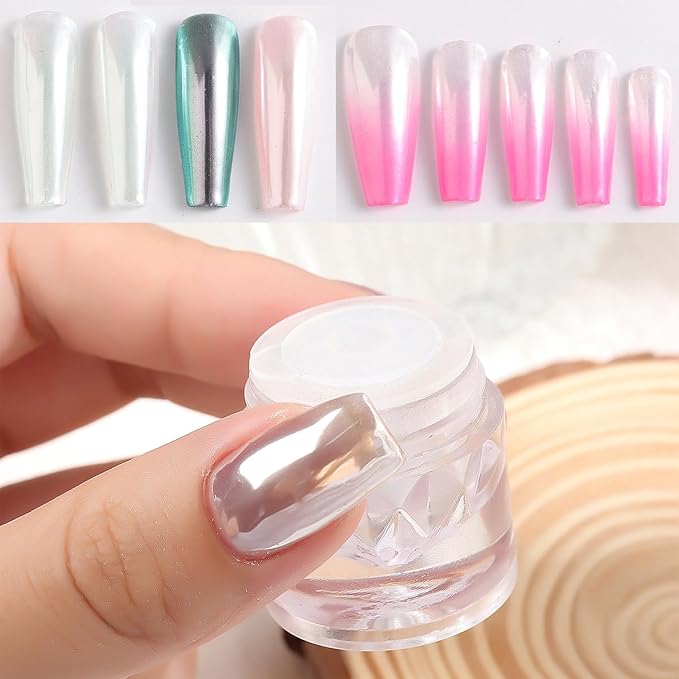 White Chrome Nail Powder, 1Box Pearl Chrome Powder, Opal Rubbing Dust, Glazed Donut Nails Powder, Pearlescent Shell Aurora Pigment, Iridescent Glitter Mirror Pigment Home Manicure Accessories