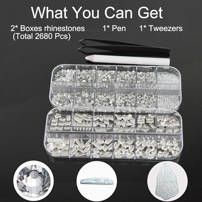 2680Pcs White Nails Rhinestones, 120Pcs Big Silver White Diamond Nail Gem Stones Charms with K9 Bling Flatback Round Beads, Clear Crystal Glass Jewelry for Nails Art Faces Eyes Makeup Decoration
