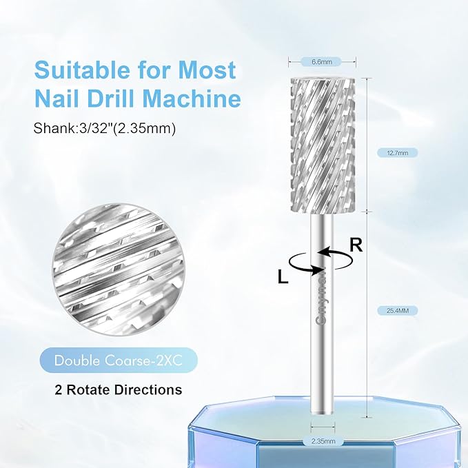 3/32" Large Barrel Bit Tungsten Carbide Nail Drill Bit Safety Bit for Gel & Acrylic Removal, 2- Way Rotating Efile Tip, Salon Electric File Accessory (2XC Girt, Silver)