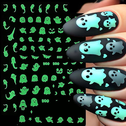 Halloween Nail Art Stickers Decals 3D Cute Luminous Ghost Nail Stickers 6PCS Glow in The Dark Bat Boo Ghost Design Halloween Nails Adhesive Sticker Manicure Nail Art Supplies for Nail Decorations