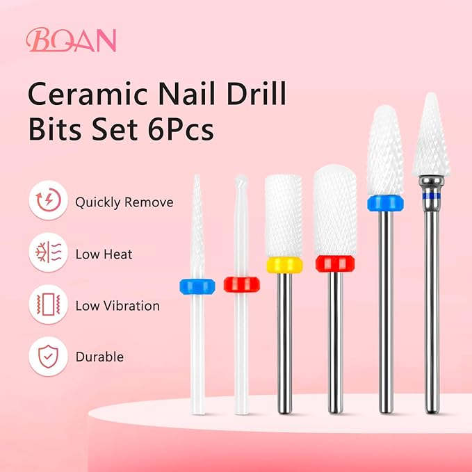 BQAN Nail Drill Bits Set, 6Pcs 3/32 In Drill Bit for Nail Tech Ceramic Bits for Remove Cuticle Acrylic Gel Polish Nail Manicure