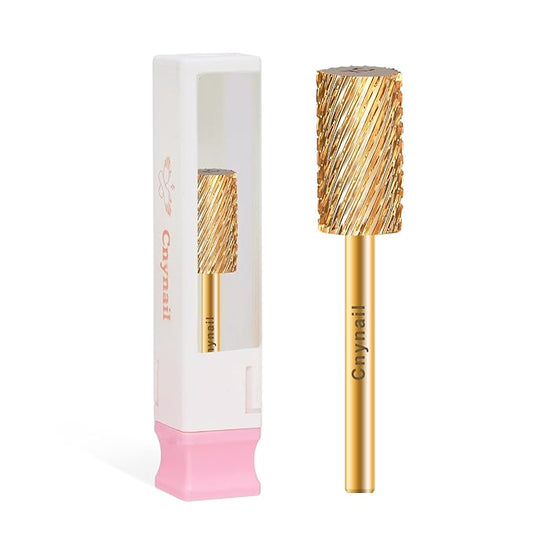 3/32" Large Barrel Flat Top Tungsten Carbide Nail Drill Bit Safety Bit for Gel & Acrylic Removal, 2-Way Rotating Efile Tip, Salon Electric File Accessory (XC Grit, Gold)