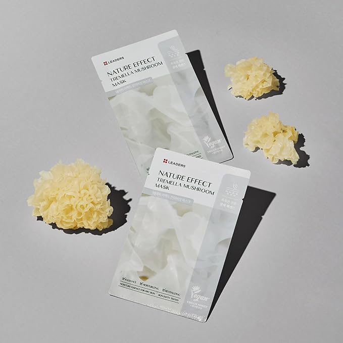 LEADERS Nature Effect Tremella Mushroom Mask - Hydrating & Elasticity Boosting Face Mask with Vegan Collagen, Moisturizing and Heals Dry Skin with Serum Content, Vegan Certified - 10 Sheets