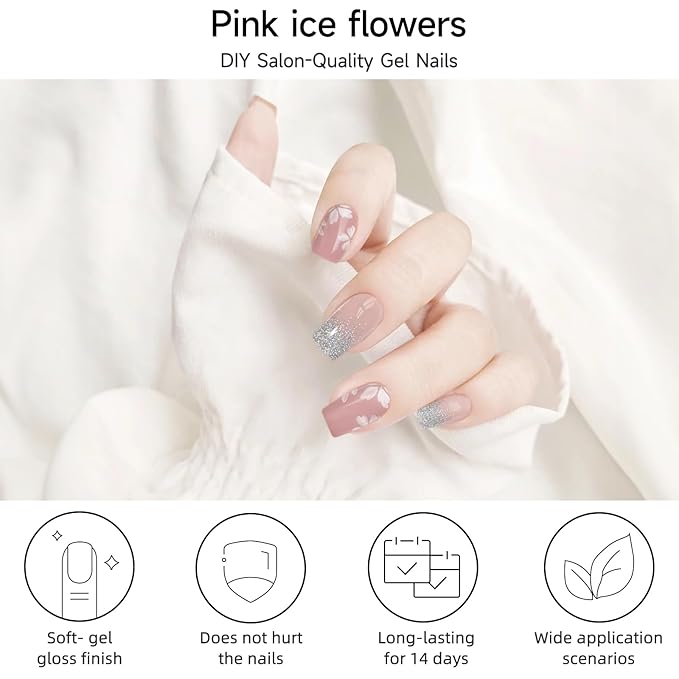 Semi Cured Gel Nail Strips, Pink ice Flowers | 28 pcs Gel Nail Strips Work with Any UV Lamp, Salon Quality UV Nails Stickers, Easy to Apply for Home Nails DIY