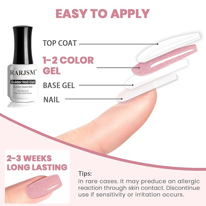 RARJSM Glitter Rubber Base Gel Nail Polish Nude Cherry Blossom Pink Rainbow Iridescent Shimmer Brush on Quick Extend Builder Hard Gel Soak Off Curing Requires 15ml Salon Home French Manicure