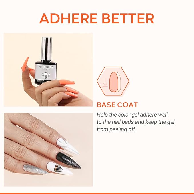 modelones Gel Nail Polish Base Coat, 2025 Upgraded Formula Clear High Glossy Gel Base coat Soak Off Long-Lasting DIY Home Salon Nail Art 15ml