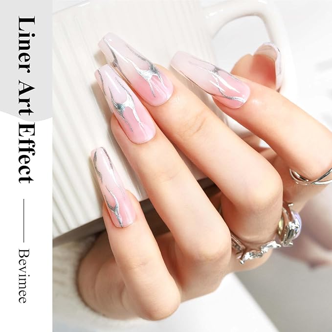 Nail Polish Liner Silver, Air Quick Dry, Chrome Metallic Nail Lacquer Non Gel liner Nail Art, Glitter Build in Thin Brush for Nail Design Polish Nail Decoration Dotting Painting, 12ML