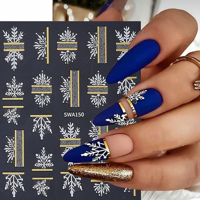 Christmas Nail Art Stickers Decals Snowflake Nail Decals 6PCS White Black Snowflake Gold French Stripe Tips Heart 3D Self-Adhesive Christmas Nail Stickers for Women Holiday DIY Nail Art Decorations