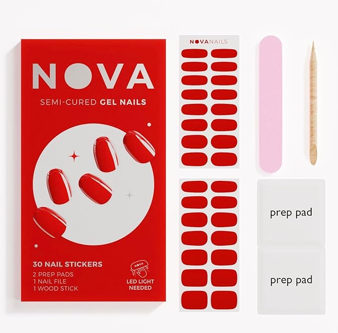 NOVA, Female Founded, Semi Cured Gel Nail Strips (Lover) - The 10 Minute Manicure. Salon-Quality, Works with Any Nail Lamp, Easy to Apply & Remove - Incl. Nail File & Wooden Stick (Lover)