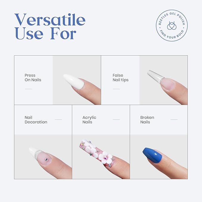 Beetles Super Strong Nail Glue for Press on Nails: 10ML 3Pcs Brush on Glue for Acrylic Nails, Nail Tips Quick Dry No Uv Light Needed
