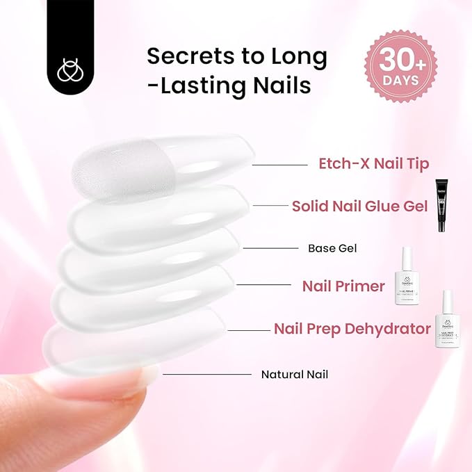 Beetles Gel Nail Kit Medium Almond with Nail Dehydrator and Primer, 576Pcs Half Matte Etch-X Gel Nail Tips Solid Nail Glue Mini Nail Lamp Acrylic Nail Tips Easy DIY Nail Extension Set Gift for Women