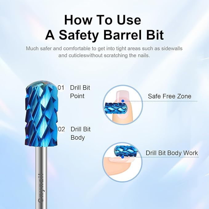 3/32" Large Barrel Smooth Round Top Tungsten Carbide Nail Drill Bit Safety Bit for Gel & Acrylic Removal, Right Way Rotating Efile Tip, Salon Electric File Accessory (5XC Grit, Blue)