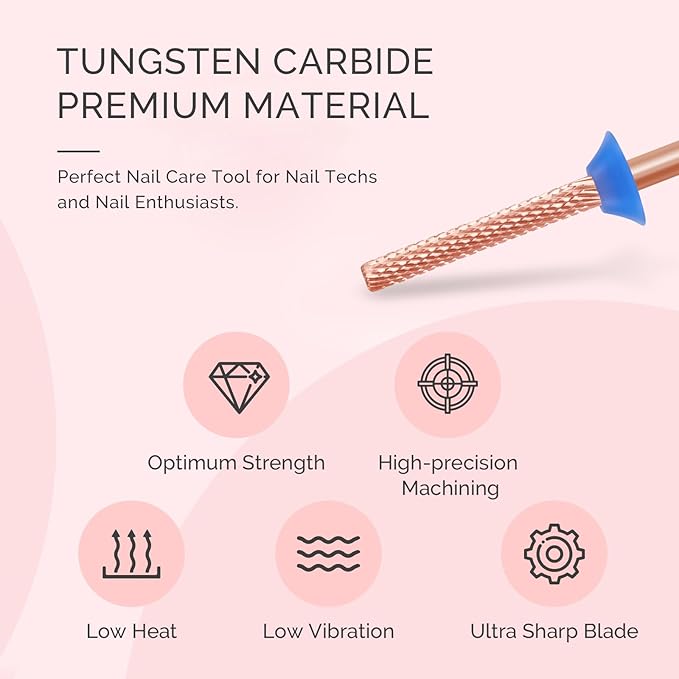 MelodySusie Super Long Mini Barrel Nail Buffer Bit, Professional Safety Carbide Nail Bit for Nail Bed File Cuticle Dead Skin Cleaning Nail Prepare, Two Way Rotate, Manicure Salon Supply, Rose Gold, M
