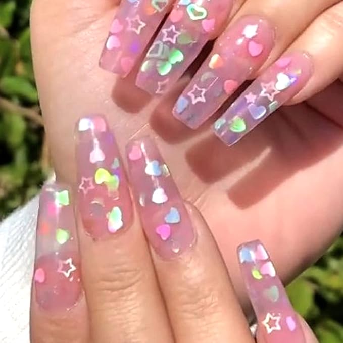 Holographic Nail Art Glitter Sequins, 3D Pink Black Glitter Flakes Nail Art Designs, Love Heart Butterfly Star Floral Acrylic Nails Supplies for Women Girls Manicure Decorations DIY Shiny Nails Crafts