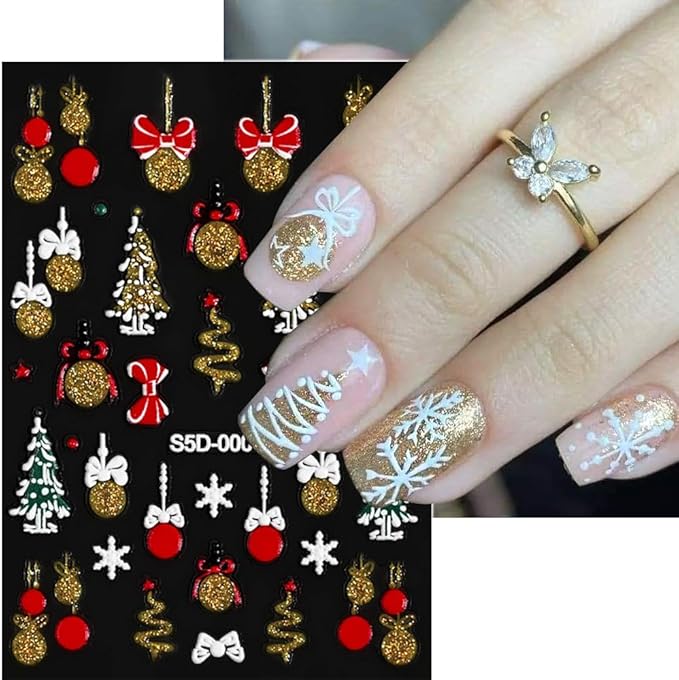 6Pcs Christmas Nail Stickers 5D Golden Silver Nail Decals DIY Self Adhesive Snowflake Tree Red Bow Design Nail Decoration Winter Nail Art Stickers Supplies Holiday Manicure Accessories for Women