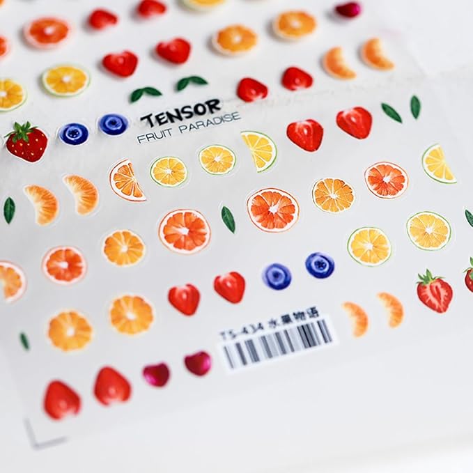 Summer Fruit Nail Art Stickers Decals 5D Embossed Fruit Nail Decals 1PCS Orange Lemon Strawberry Blueberry Summer Nails Design Engraved Stickers Manicure Nail Art Supplies for Women Nail Decorations