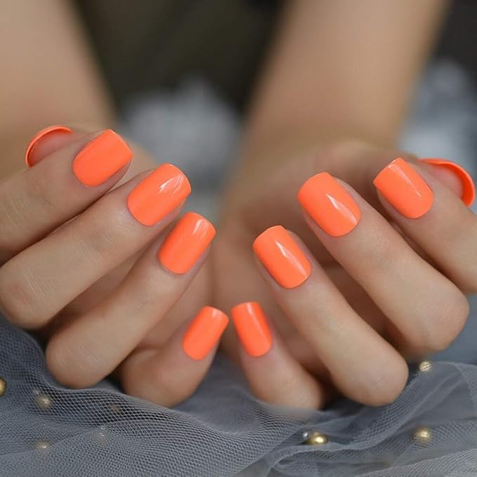 Orange Press On Nails Square, Medium Press On Nails, Glossy Press On Nails, Glue On Nails, Full Cover Fake Nails, Perfect Fit False Nails, Stick On Nails for Women, Orange Nails