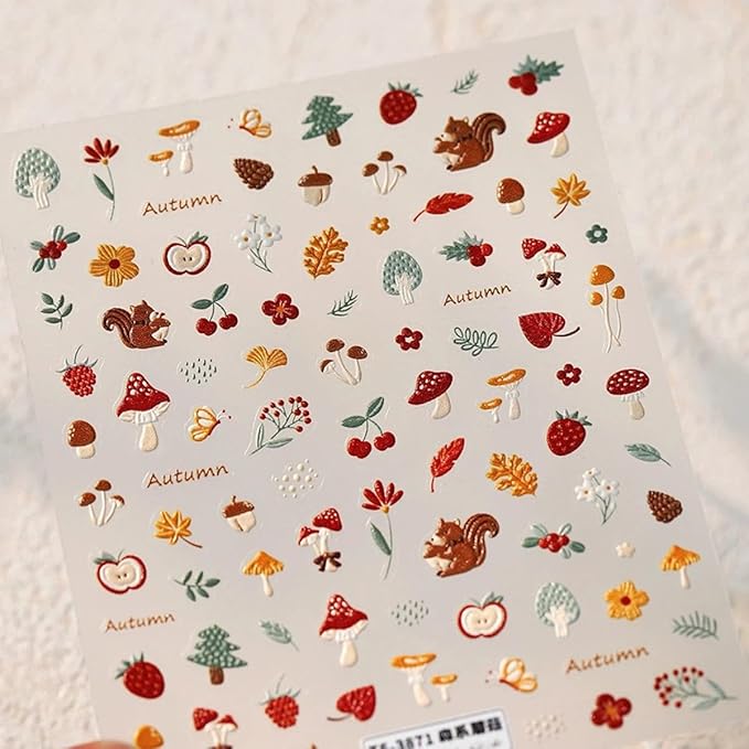 Fall Nail Art Stickers 5D Embossed Mushroom Squirrel Nail Decals 1PCS Autumn Leaves Strawberry Pinecone Autumn Nails Design Engraved Fall Stickers for Thanksgiving Day DIY Manicure Nail Art Decoration