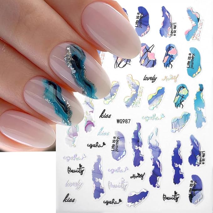 6 Color Marble Nail Art Stickers - Women's 3D Bronzing Silver & Watercolor Blooming Decals - Self Adhesive Foil Nail Designs