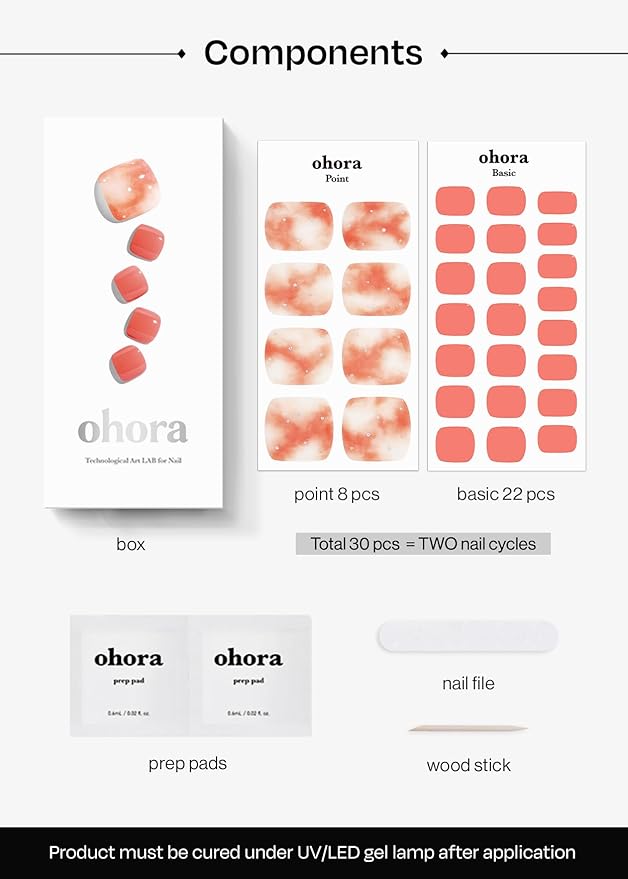 ohora Semi Cured Gel Pedi Strips (P Arman) - Orange, Marble, Works with Any UV/LED Lamps, Salon-Quality, Long Lasting, Easy to Apply & Remove - Includes 2 Prep Pads, Nail File & Wooden Stick