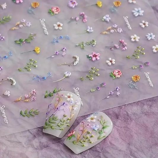 1Pcs Little Wild Flower Nail Stickers Small Daisy Nail Decals 5D Embossed Wildflower Nail Art Stickers Spring Summer Pink Yellow Blue White Green Flower Design Nail Art Decoration for Women Girls Kids