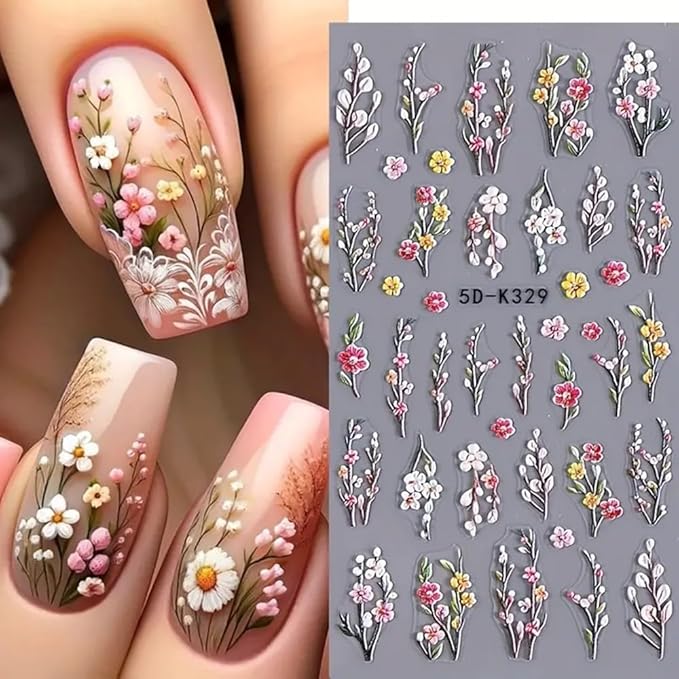 5D Embossed Branch Flowers Spring Nail Art Stickers Purple Flower Nail Stickers Colorful Floral Nail Decals 3 Sheets Flowers and Plants Nail Designs for Women Girls DIY Nail Art Supplies