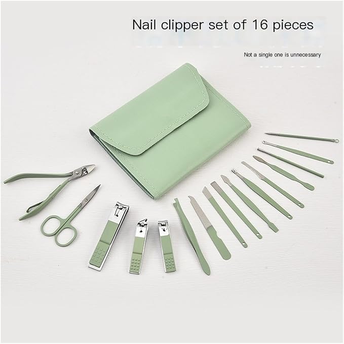 16-Piece Nail Clipper Set Stainless Steel Nail Clippers Tool kit Home Manicure Nail Art Dead Skin Removal Tool(Green)