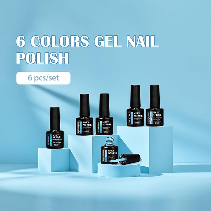 MEET ACROSS Gel Nail Polish Set 6 Pcs Glitter Colors Gel Nail Kit Art Design Soak Off UV LED (SET-10, 6pcs)