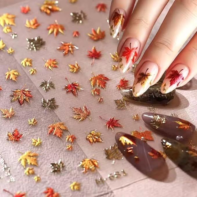 2 Sheets Fall Nail Stickers Maple 5D Embossed Leaves for Thanksgiving Day Nail Art Self-Adhesive Autumn Nails Decoration Glitter Gold Maple Leaf Nail Decals DIY for Women