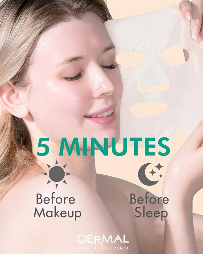 DERMAL Aloe Collagen Essence Facial Mask Sheet 23g Pack of 100 - Skin Revitalizing & Soothing, Refreshing and Moisturizing, Sunburn Relief, Daily Skin Treatment Solution Sheet Mask