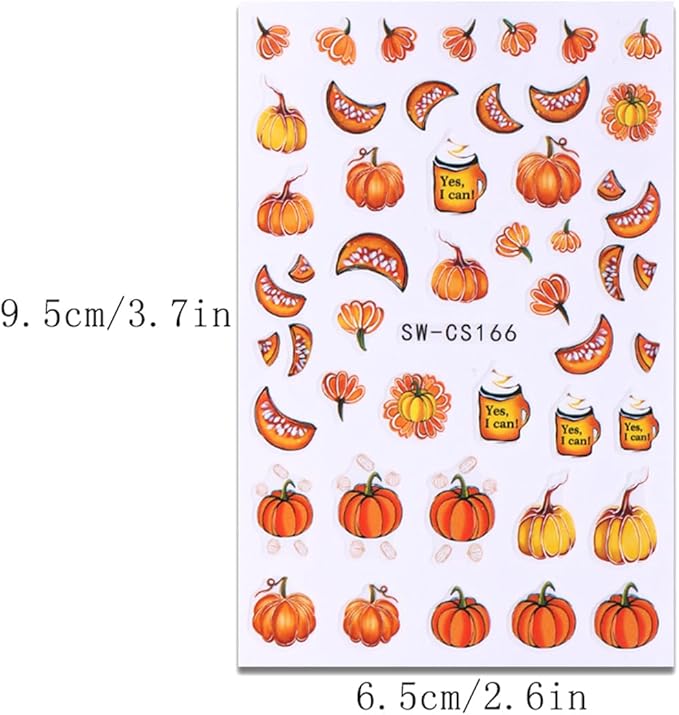 Autumn Leaf Nail Sticker - Fall Pumpkin Decals 3D Self-Adhesive Cute Leaves Supplies Thanksgiving Day Art Design DIY Manicure Decoration Tip Accessories 6 Sheets