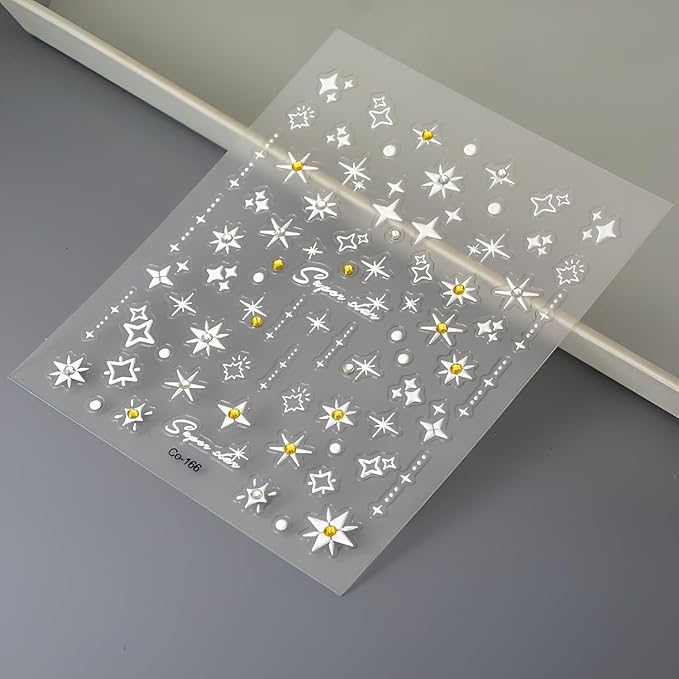 Star Nail Stickers for Nail Art 5D Self-Adhesive Nail Decals White Star Nail Stickers with Rhinestones Design White Nails Supplies Decoration Accessories for Women and Girls