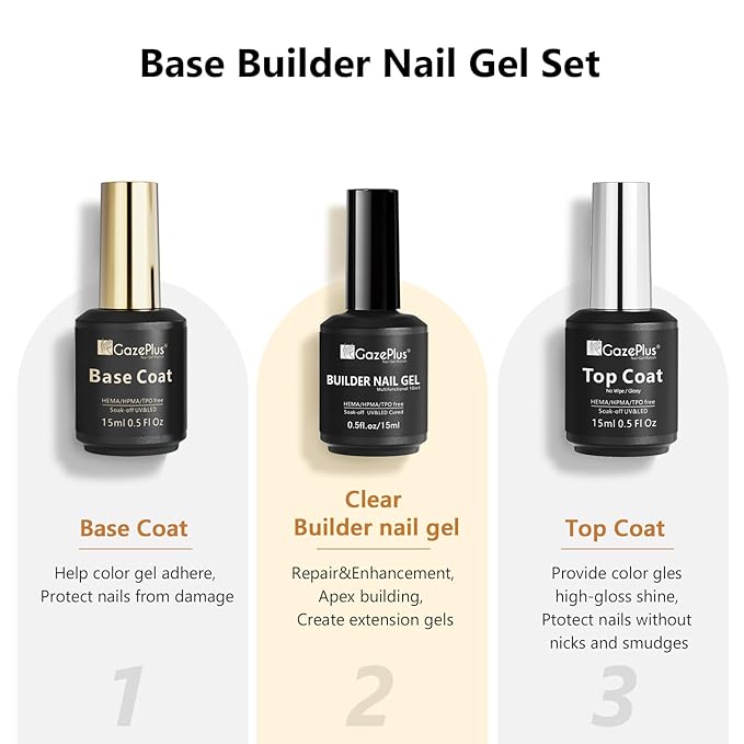 3Pcs 15ml Builder Nail Gel with Base and No Wipe Top Coat Set 10-in-1 Clear Builder Gel With Top and Base Coat Shine Finish and Long Lasting for Christmas Gift Nail Extension Strengthener