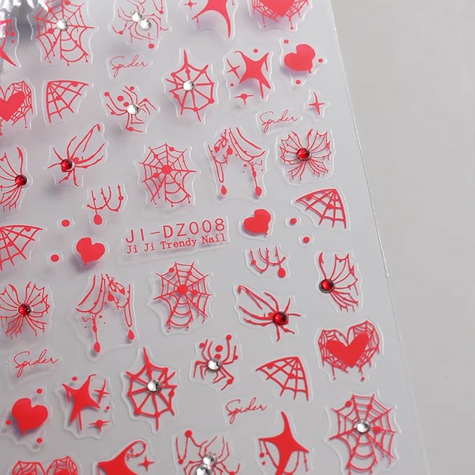 Halloween Nail Stickers 3D Self-Adhesive Spider Web Spider Rhinestone Nail Art Stickers Design Spider Nail Decals Holiday Acrylic Nails DIY Decoration Kit Fall Manicure Supplies for Women 6 Sheets