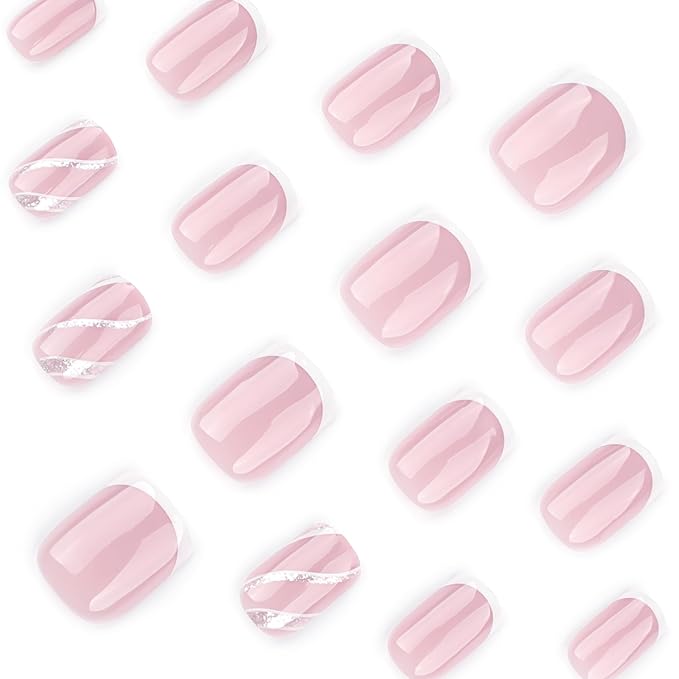 French Press On Nails Short Square, Nude Fake Nails with White French Tips, Delicately Adorned with Silver Streaks, Glossy Gel Finish, Thick Natural Reusable Glue On Nails Kit for Women 24Pcs