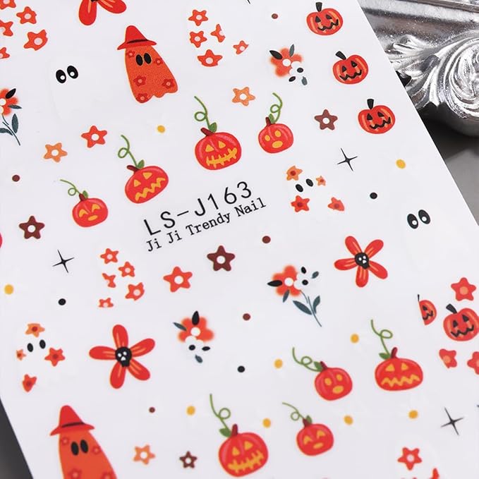 Halloween Nail Art Stickers Flower Ghost Pumpkin Nail Decals 6PCS Black Cat Blood Eye Ball Palm Cartoon Design 3D Self-Adhesive Halloween Stickers Manicure Supply for Women DIY Nail Art Decorations