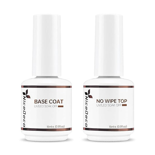 Nicedeco Hema Free No Wipe Gel Top Coat and Base Coat Set 2 Pcs 15ml Low Odor Cruelty Free Vegan Gel Nail Polish Glossy Shine Long Lasting Gel Base Top Coat